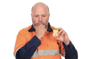 A bald man in orange and black clothing holding a urine sample