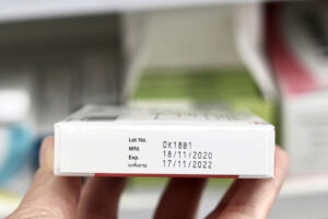 Closeup of drug medicine box expiration date