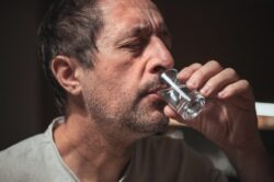 Older man drinking a shot of vodka dealing with alcohol abuse